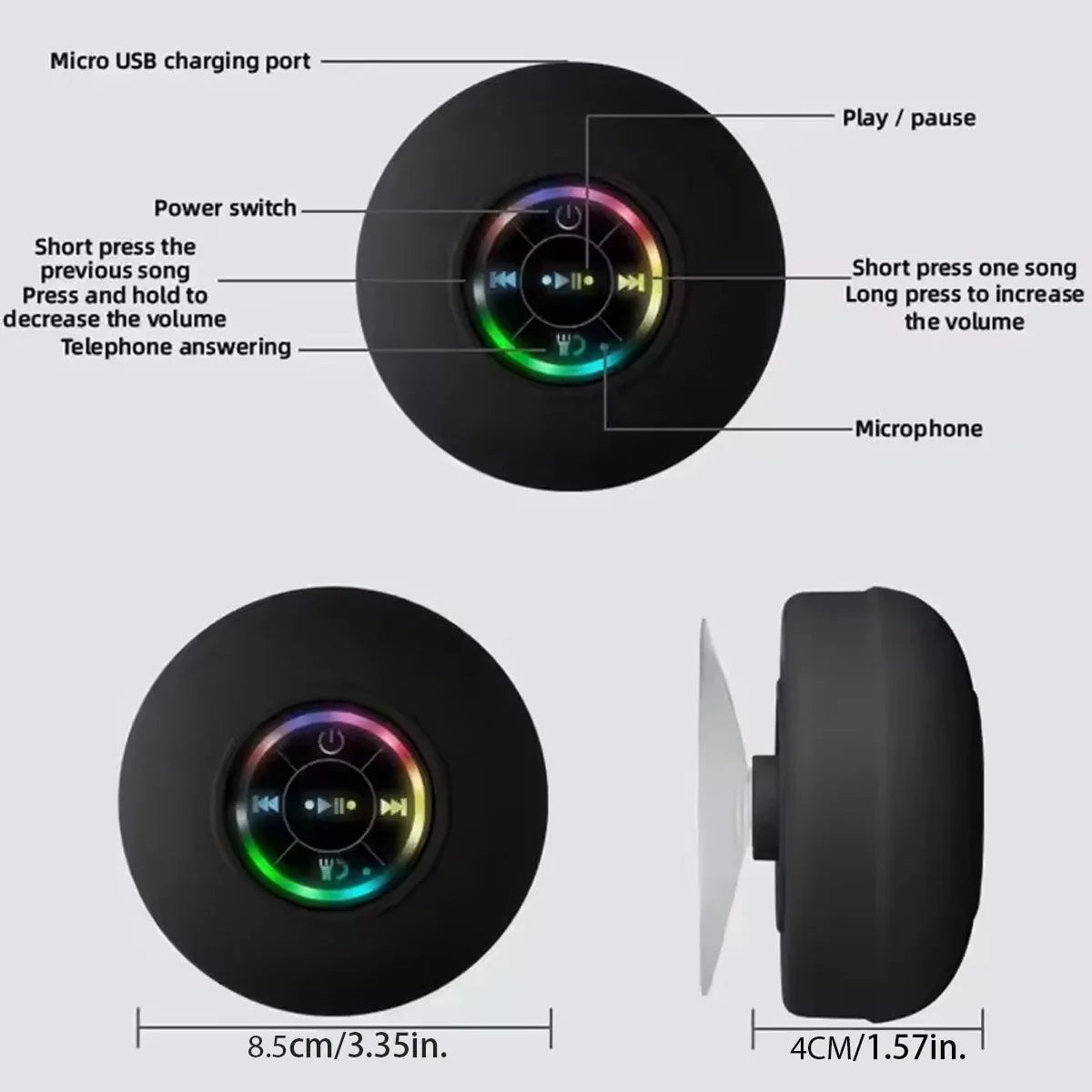 AquaBeat Mini: Waterproof LED Bluetooth Speaker with Powerful Sound & Suction Cup Mount