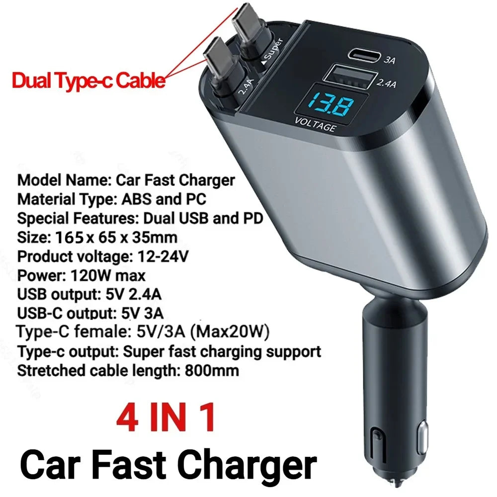 VoltRush™ 4-in-1 Retractable Car Charger – Fast Power, Zero Clutter