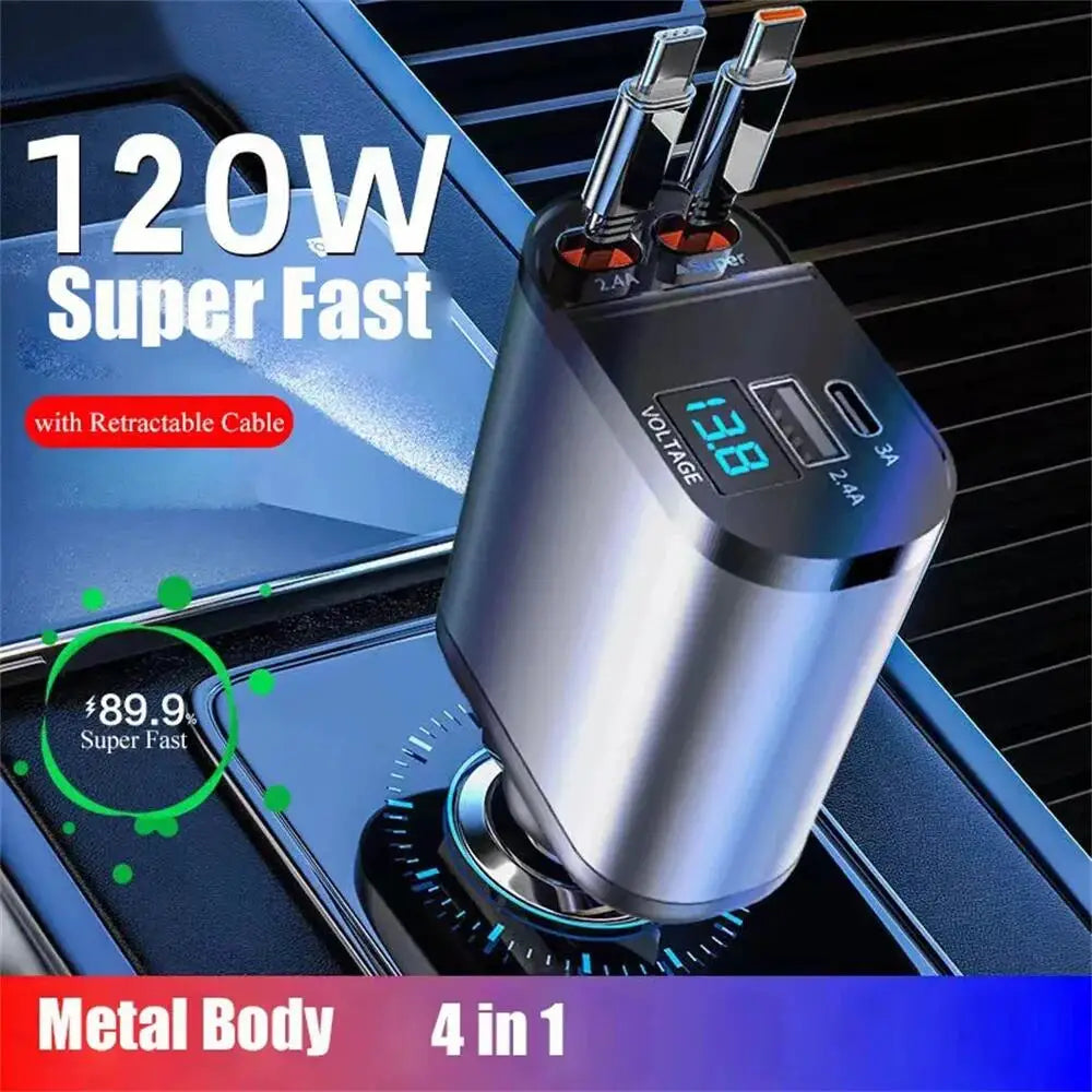 VoltRush™ 4-in-1 Retractable Car Charger – Fast Power, Zero Clutter